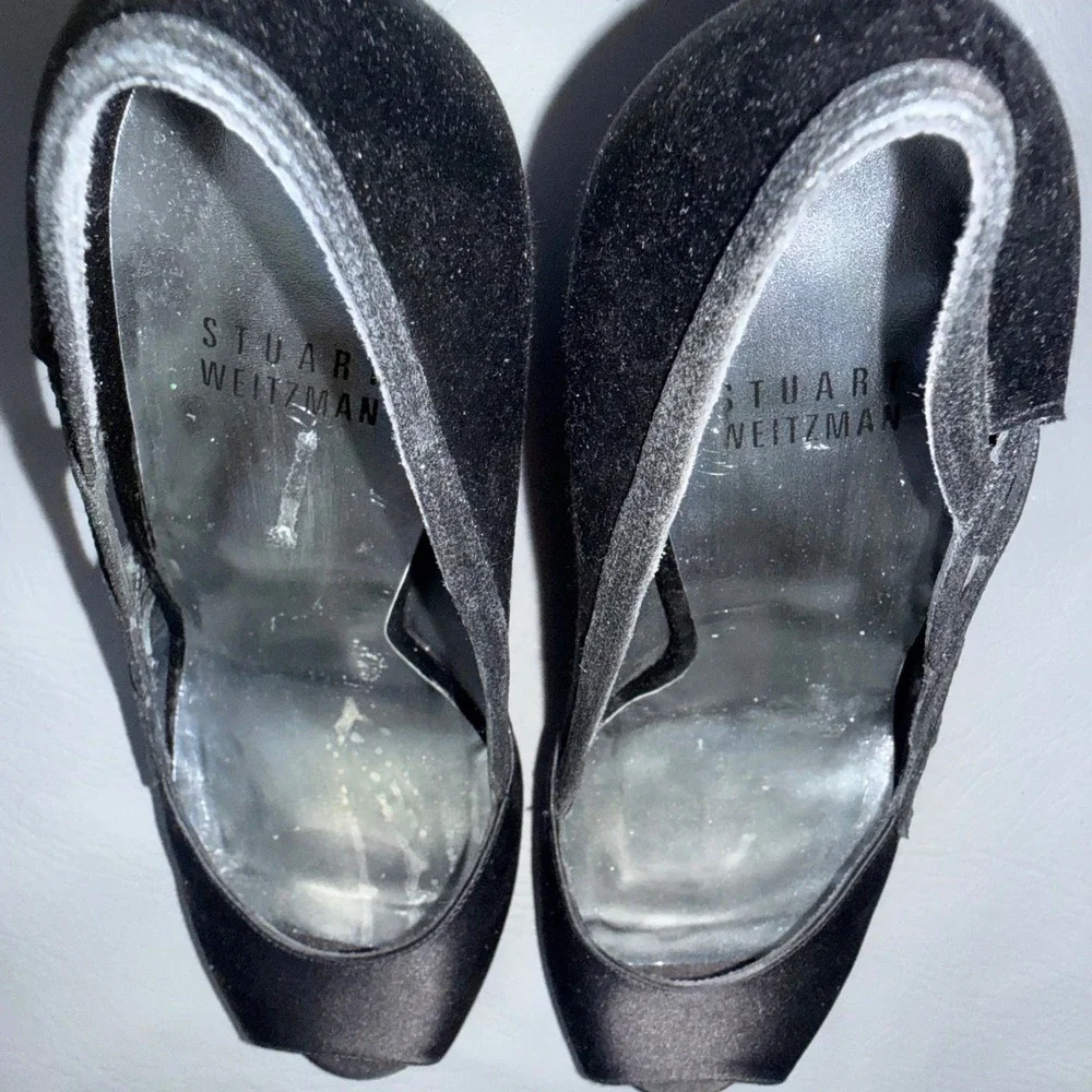 Stuart Weitzman Black Satin Peep Toe Pumps Glitter Lattice Heels Made in Spain 7